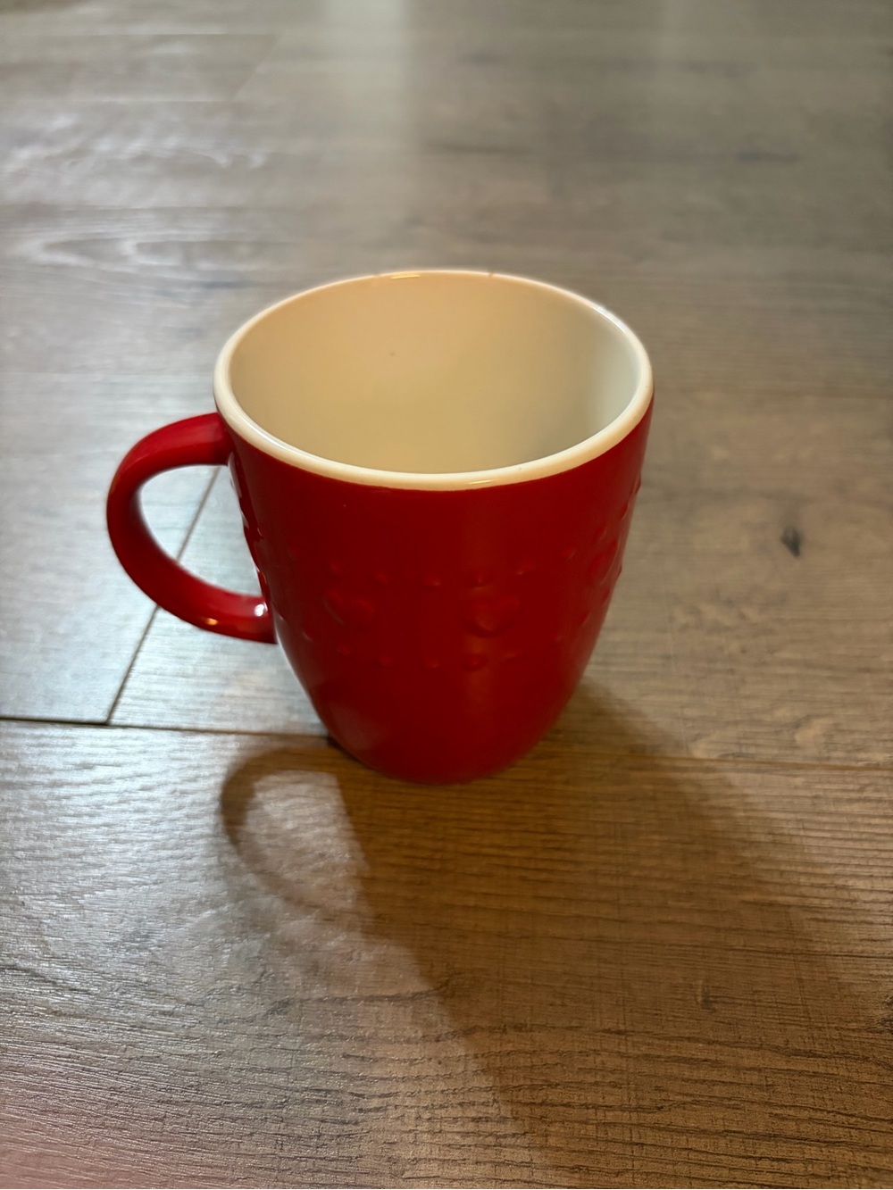 Red Ceramic Coffee Mug with Hearts and White Interior